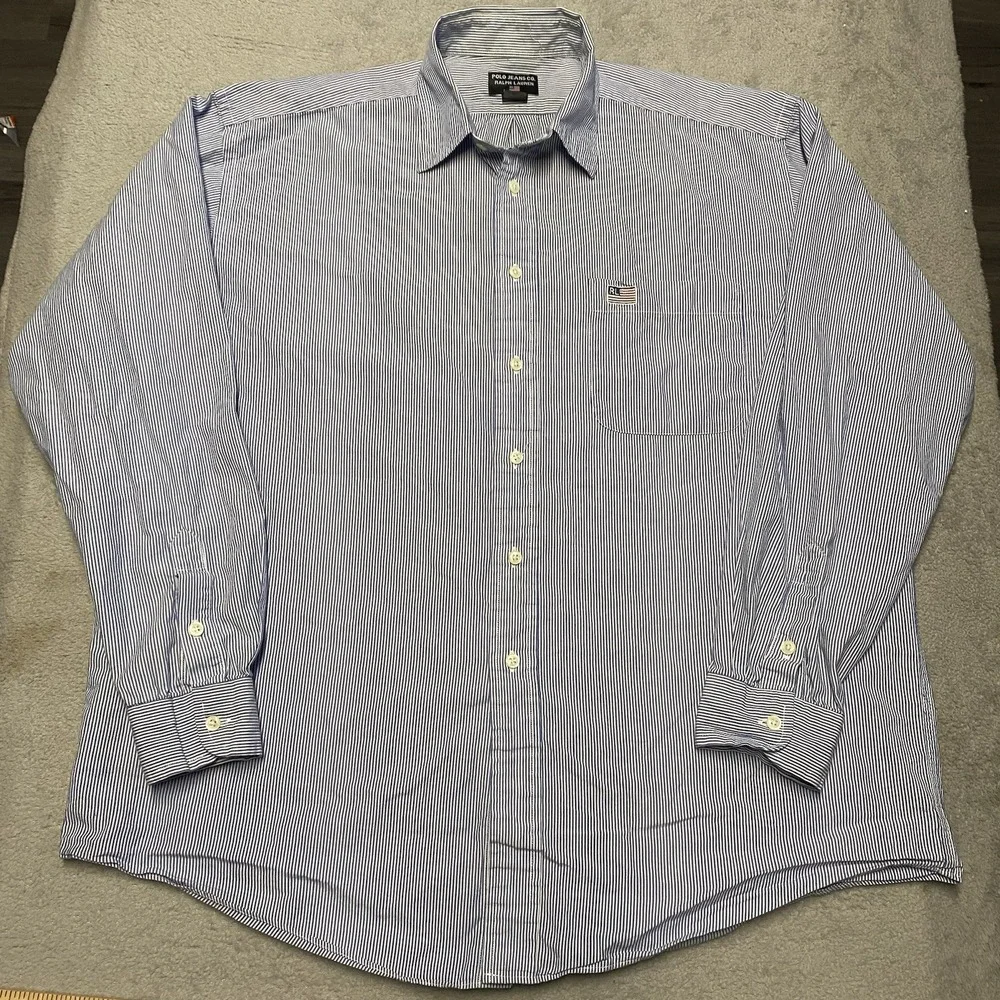 Polo Jeans Ralph Lauren Shirt Mens Large Blue‎ Striped Button Up Flag Logo Y2K